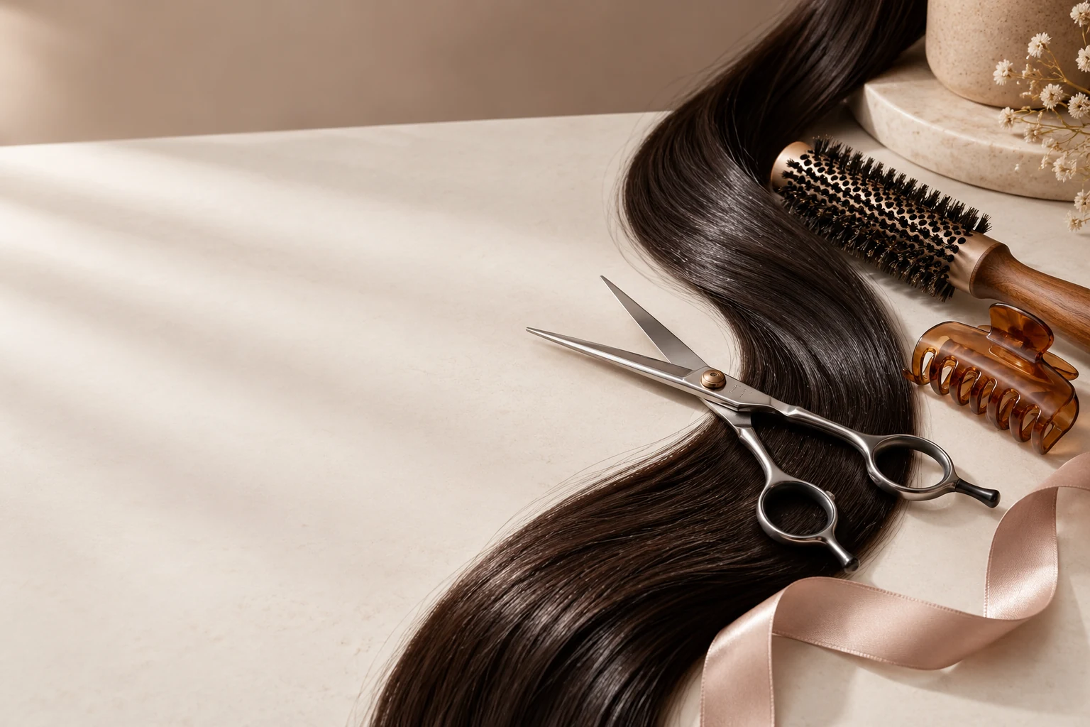 Illustrative still life of glossy dark hair with salon scissors, brush, caramel clip and blush ribbon; not a Hair Art client result or salon photograph.
